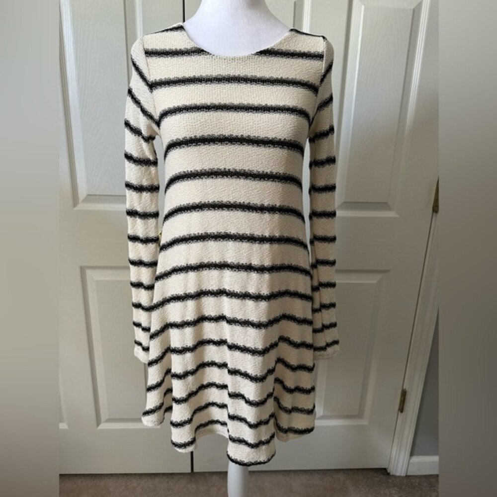 Sage Striped Knit Dress, long Sleeves, decorative Buttons, Small